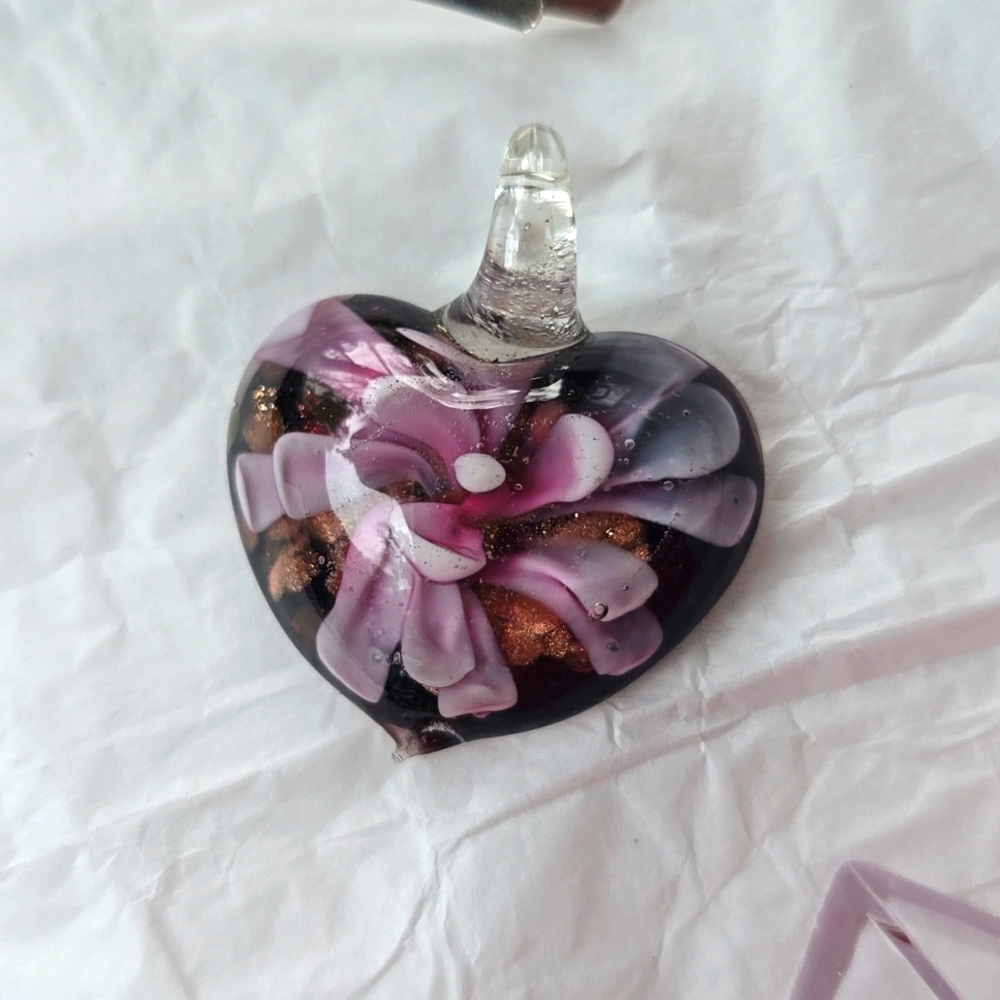 Thick blown glass purple white flower heart shaped pendant charm